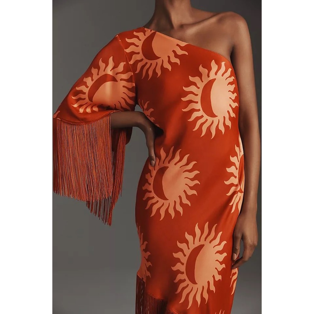 Farm Rio for Anthropologie Sun Motif One Shoulder Fringe Midi Dress Orange L NWT - Picture 3 of 13